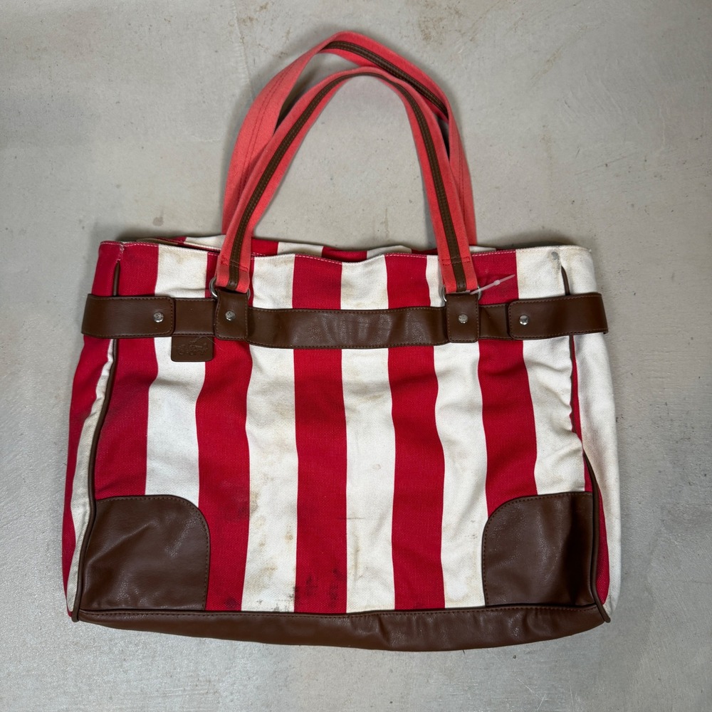 Red White Striped Canvas Tote Bag Brown Trim beach bag summer fall